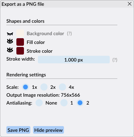Options available when exporting to PNG