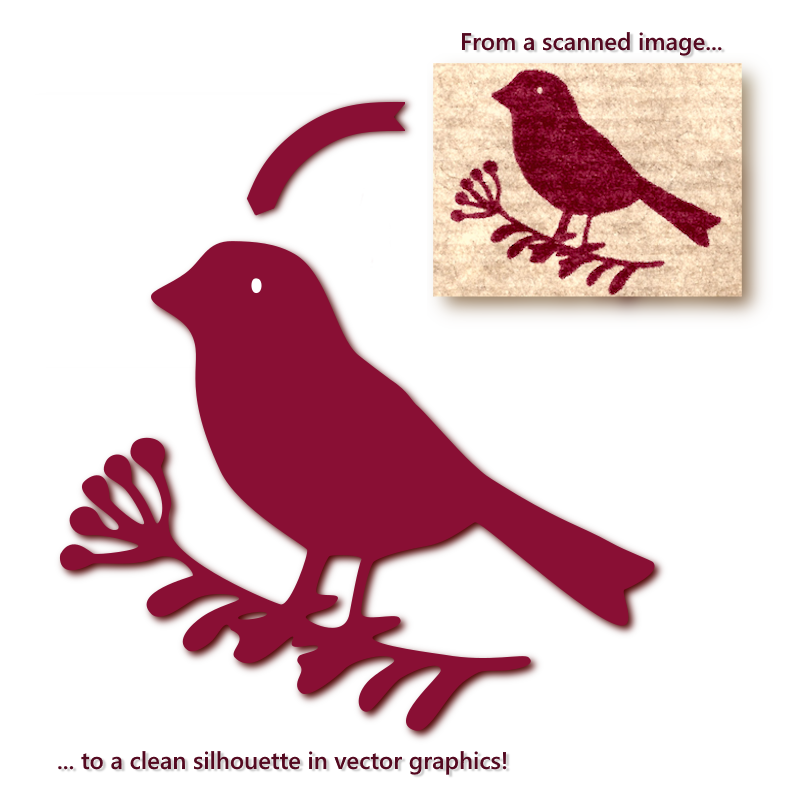 An example of using VectorEZ to convert the scanned image of a bird to a clean unicolor vector silhouette