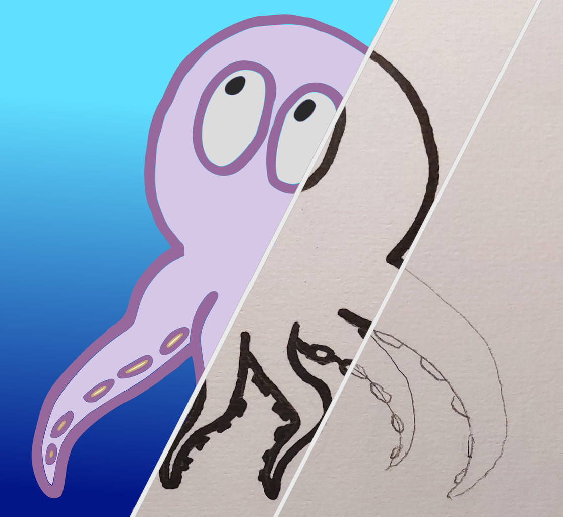 Split view of the octopus: The original drawings and the vectorization