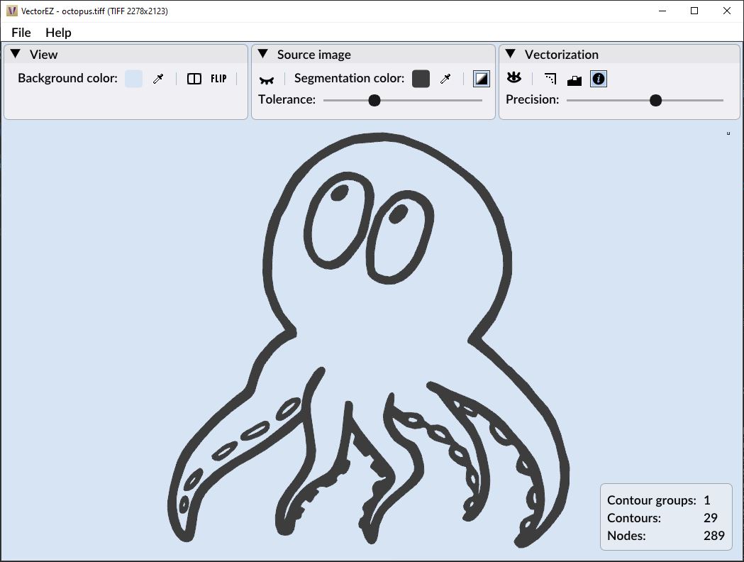 Open the octopus image in VectorEZ (Fine tune the segmentation tolerance and the vectorization precision)